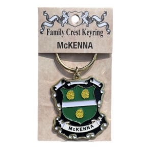 alt= a family crest keychain depicting the McKenna family crest on a white background