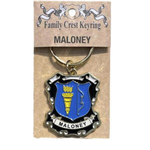 alt= a family crest keychain depicting the Maloney family crest on a white background