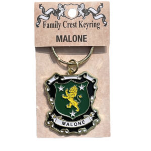 alt= a family crest keychain depicting the Malone family crest on a white back ground