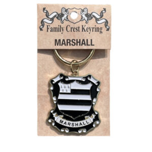 alt= a family crest keychain depicting the Marshall family crest on a white background