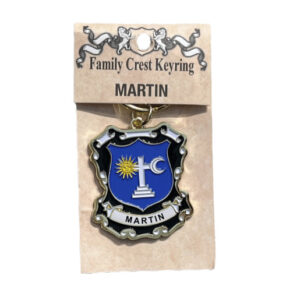 alt= a family crest keychain depicting the Martin family crest on a white background