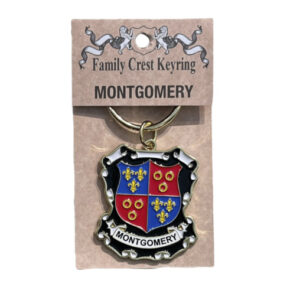 alt= a family crest keychain depicting the Montgomery family crest on a white background