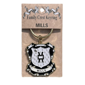 alt= a family crest keychain depicting the Mills family crest on a white background