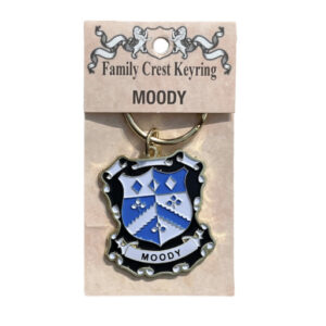 alt= a family crest keychain depicting the Moody family crest on a white background
