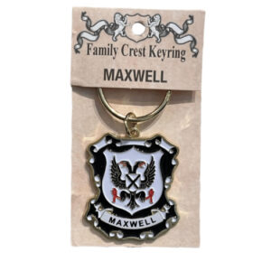 alt= a family crest keychain depicting the Maxwell family crest on a white background
