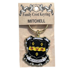 alt= a family crest keychain depicting the Mitchell family crest on a white background