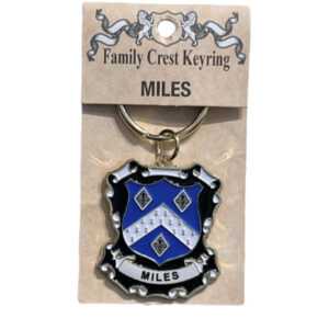 alt= a family crest keychain depicting the Miles family crest on a white background