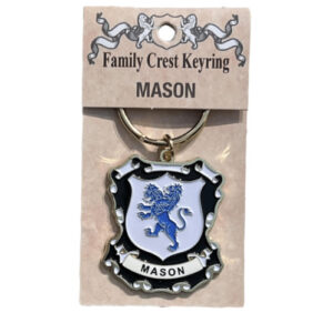alt= a family crest keychain depicting the Mason family crest on a white background