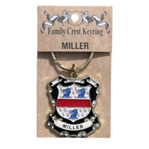 alt= a family crest keychain depicting the the Miller family crest on a white background