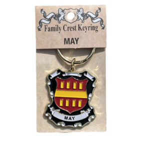 a family crest keychain depicting the May family crest on a white background