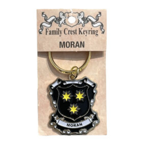 alt= a family crest keychain depicting the Moran family crest on a white background