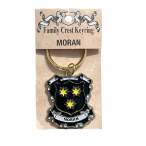 alt= a family crest keychain depicting the Moran family crest on a white background