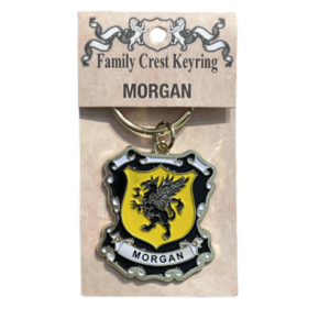 alt= a family crest keychain depicting the family crest of the Morgan family on a white background