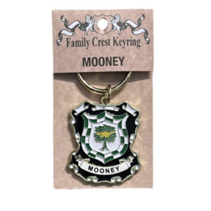 alt= a family crest keychain depicting the family crest of the Mooney family on a white background