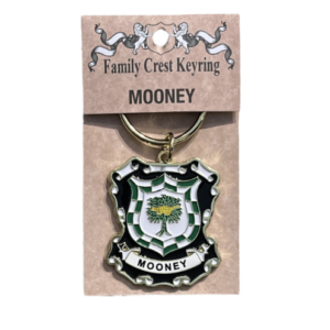 alt= a family crest keychain depicting the family crest of the Mooney family on a white background