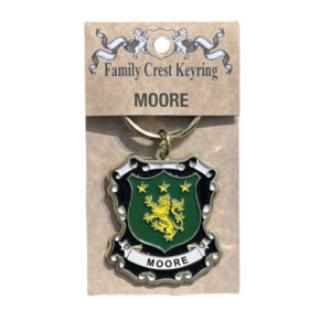 alt= a family crest keychain depicting the family crest of the Moore family on a white background