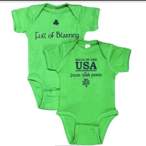 alt= pair of green baby onesies each with a unique cute designp