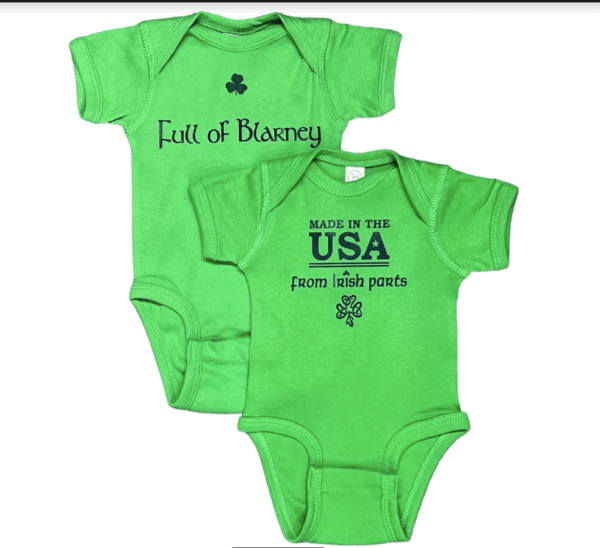 alt= pair of green baby onesies each with a unique cute designp
