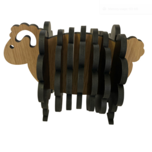 alt= wooden sheep black coaster holder on white background
