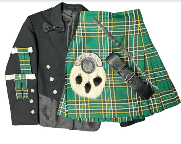 alt= a collection of items needed to wear a kilt with a jacket