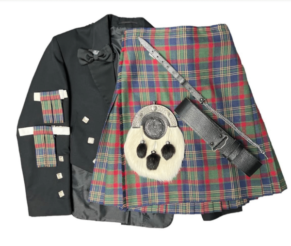 alt= a collection of items needed to wear a kilt with a jacket