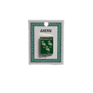 alt= a family crest pin depicting the Ahern family crest