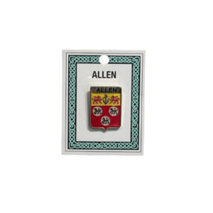 alt= a family crest pin depicting the Allen family crest