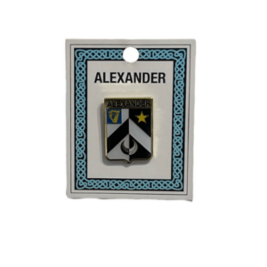 alt= a family crest pin depicting the Alexander family crest