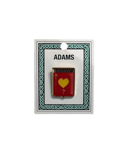 alt= a family crest pin depicting the Adams family crest