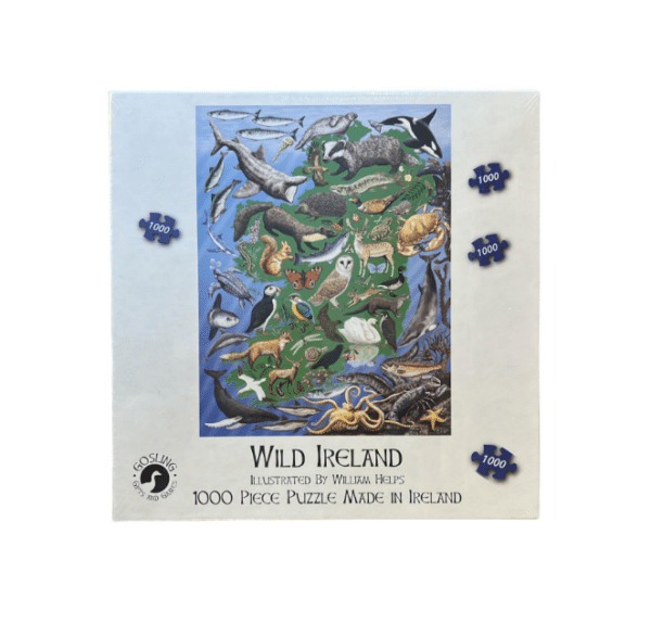 alt= a 1000 piece puzzle depicting a stylized picture of the wildlife of Ireland