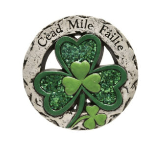 alt= a clover garden ornament with a celtic phrase on it with a white background