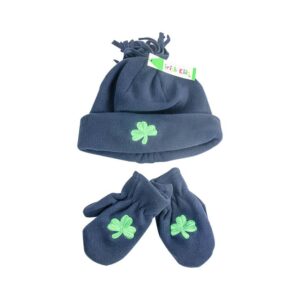alt= navy kids hat and mittens with green shamrock