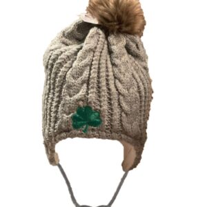 alt= brown furry top kids hat with green shamrock