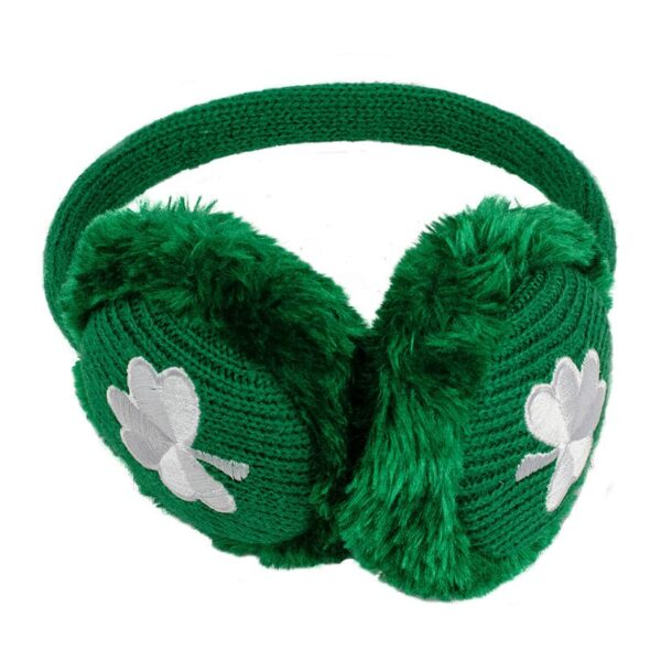 alt= green earmuffs with white shamrocks