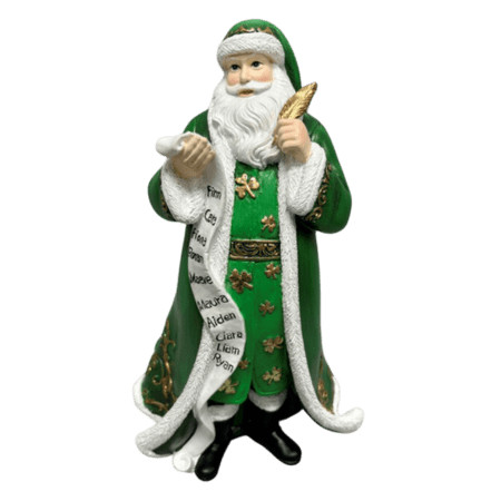 alt= a green santa figurine holding list