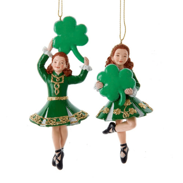 alt= a pair of elf lucky dancer ornaments green