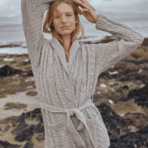alt= tan wool cardigan belted women