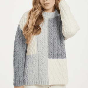 alt= white and grey crew patch sweater