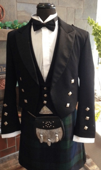 alt= mannequin wearing a full kilt with jacket sitting in a store