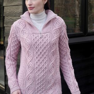 alt= 1/4 zip dusty pink wool sweater women style