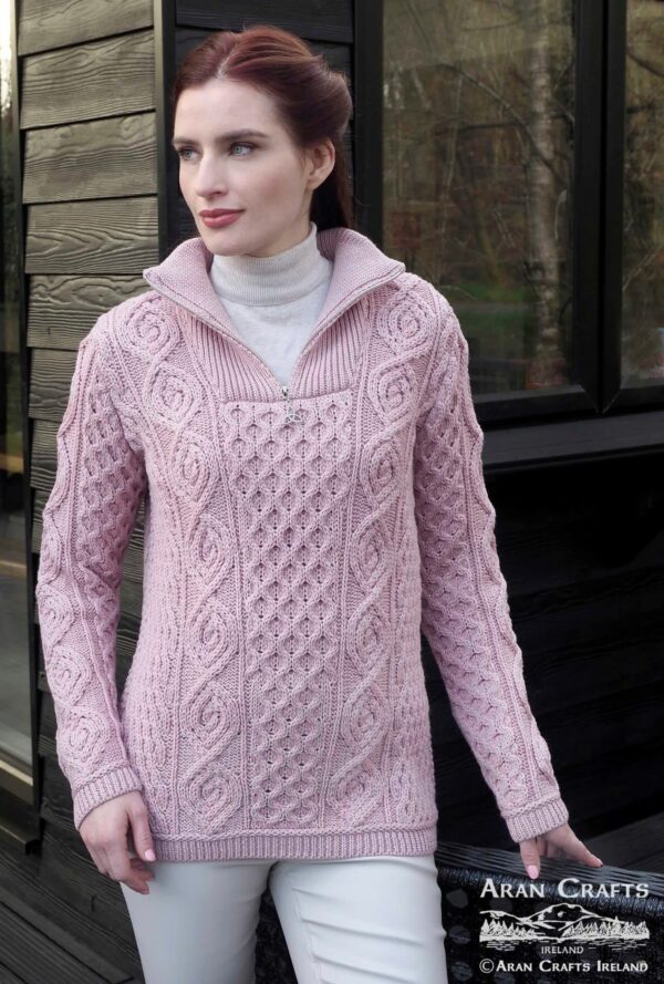 alt= 1/4 zip dusty pink wool sweater women style