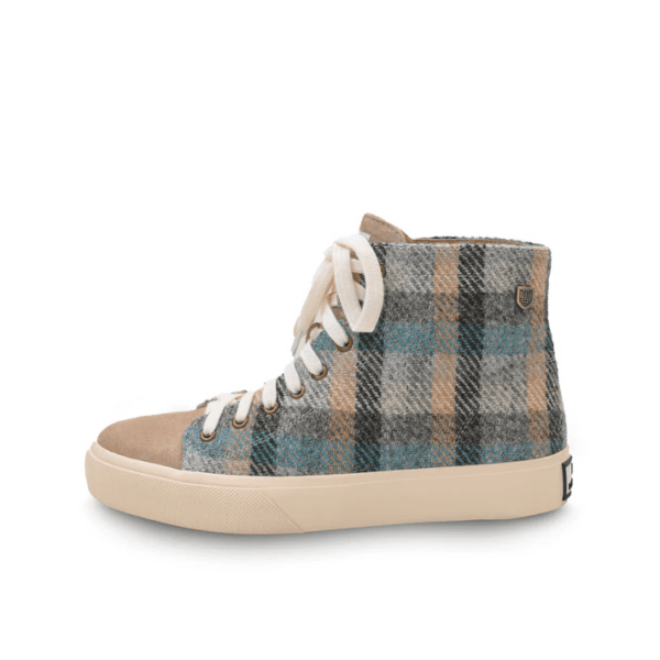 alt= cream and blue colored sneakers with Harris Tweed on a white background