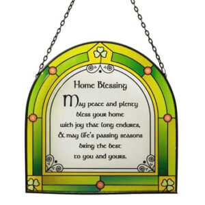 alt= a green and yellow stained glass window piece depicting an Irish blessing