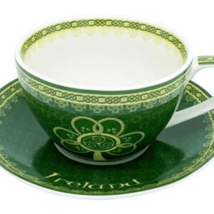 alt= a green and white cup and saucer combo depicting a shamrock and the word Ireland