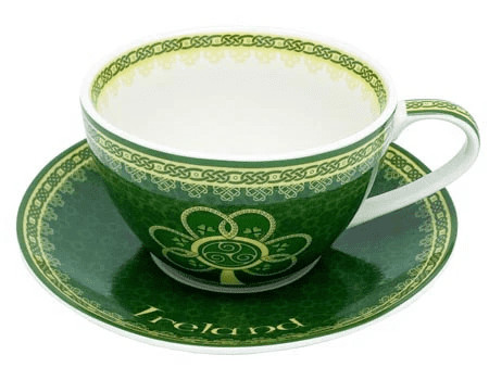 alt= a green and white cup and saucer combo depicting a shamrock and the word Ireland