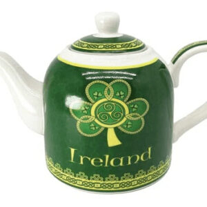 alt= a green and white teapot depicting a shamrock and the word Ireland