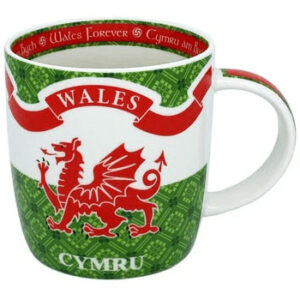 alt= a ceramic mug depicting the Welsh flag and the word Wales on it with red and green trim