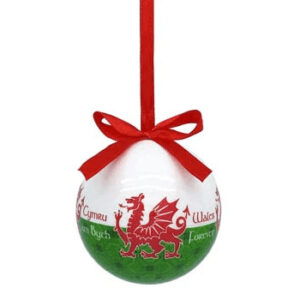 alt= a bauble ornament designed to look like the Welsh flag