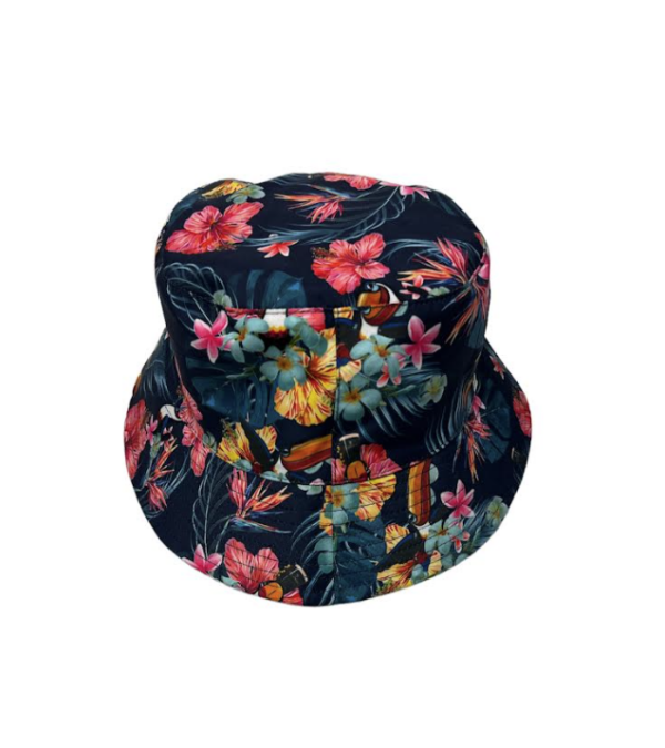 alt= a bucket hat with a tropical Guinness print