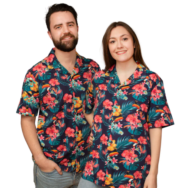 alt= a pair of people wearing a tropical button down shirt with a tropical Guinness pattern